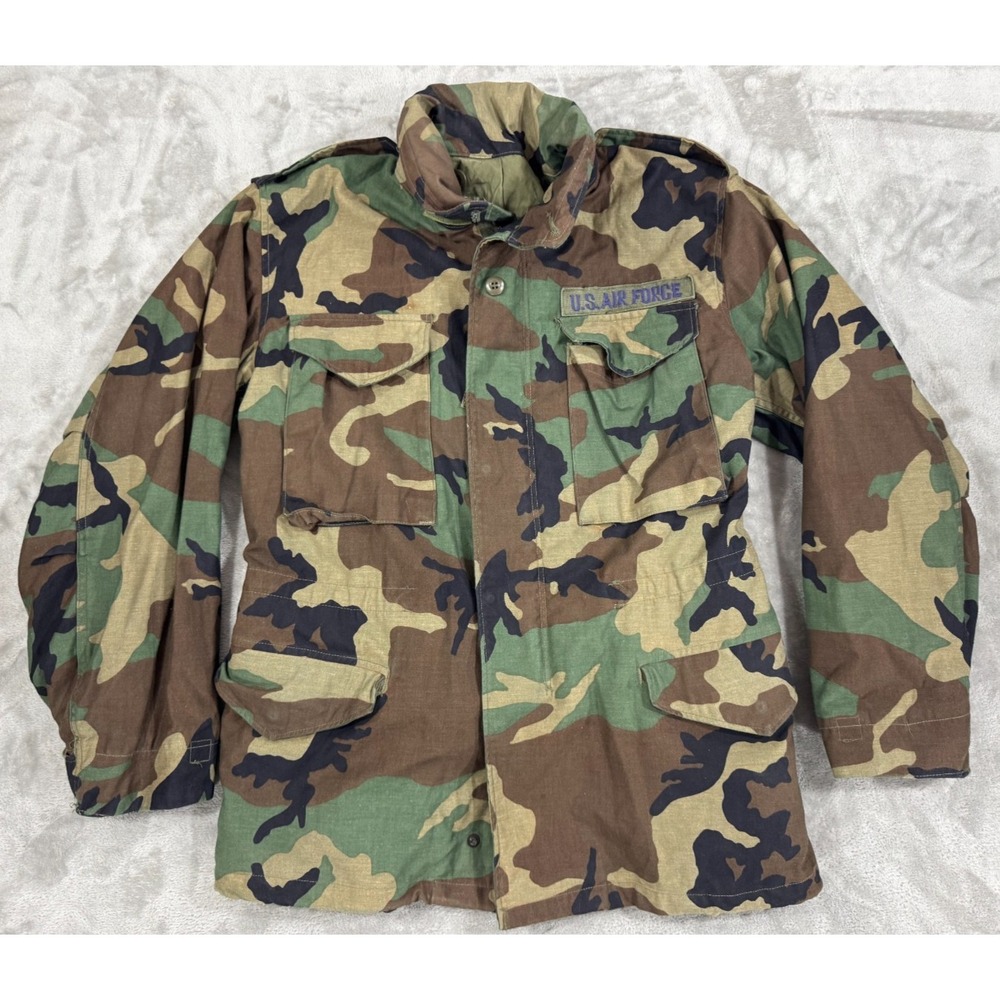 Us Military Cold Weather Jacket Mens Small Woodland Camo Air Force Stowaway Hood
